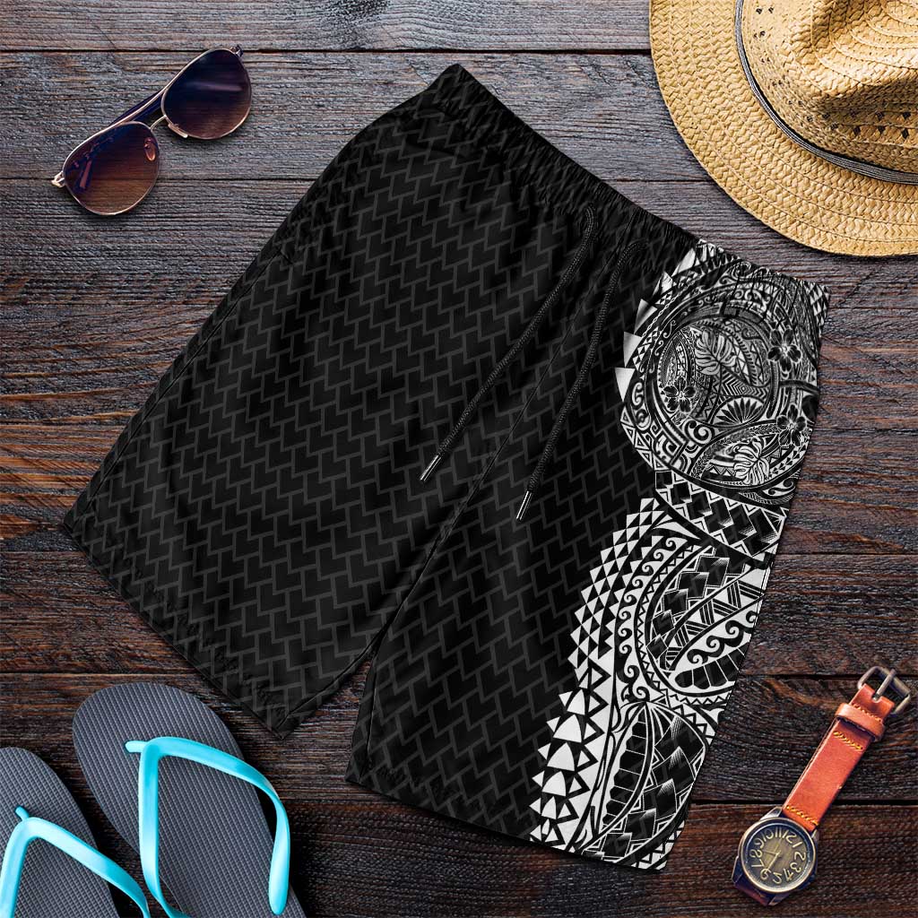 Hawaiian Traditional Tattoos Shorts for Men Kakau Tribal Tropical Plant Motif Black Color