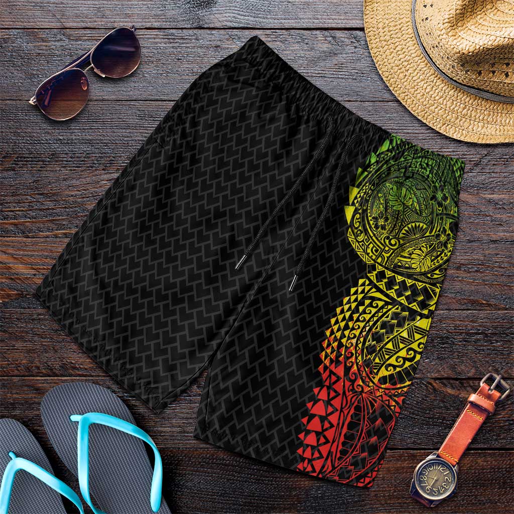Hawaiian Traditional Tattoos Shorts for Men Kakau Tribal Tropical Plant Motif Kanaka Maoli Flag Color Inspired