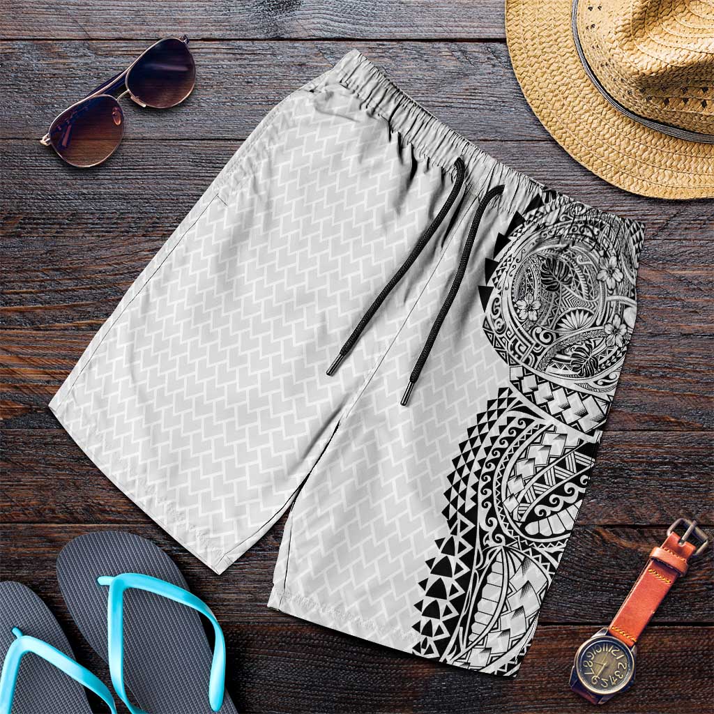 Hawaiian Traditional Tattoos Shorts for Men Kakau Tribal Tropical Plant Motif White Color