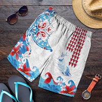 Hawaiian Tribal Manta Ray Shorts for Men Kakau Tattoo and Flowers Surfing Waves Pattern Ocean Color