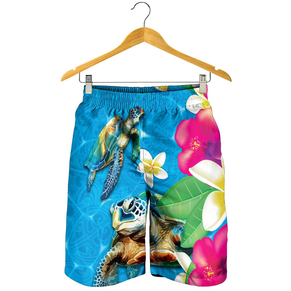 Hawaiian Tropical Flower Honu Shorts for Men Under The Blue Water - Polynesian Pride