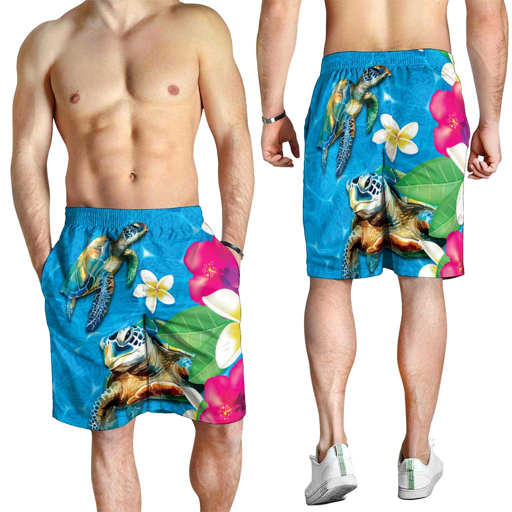 Hawaiian Tropical Flower Honu Shorts for Men Under The Blue Water - Polynesian Pride