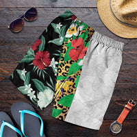 Hawaiian Tropical Flowers and Leaves Shorts for Men Leopard Pattern Half White Black Version - Polynesian Pride