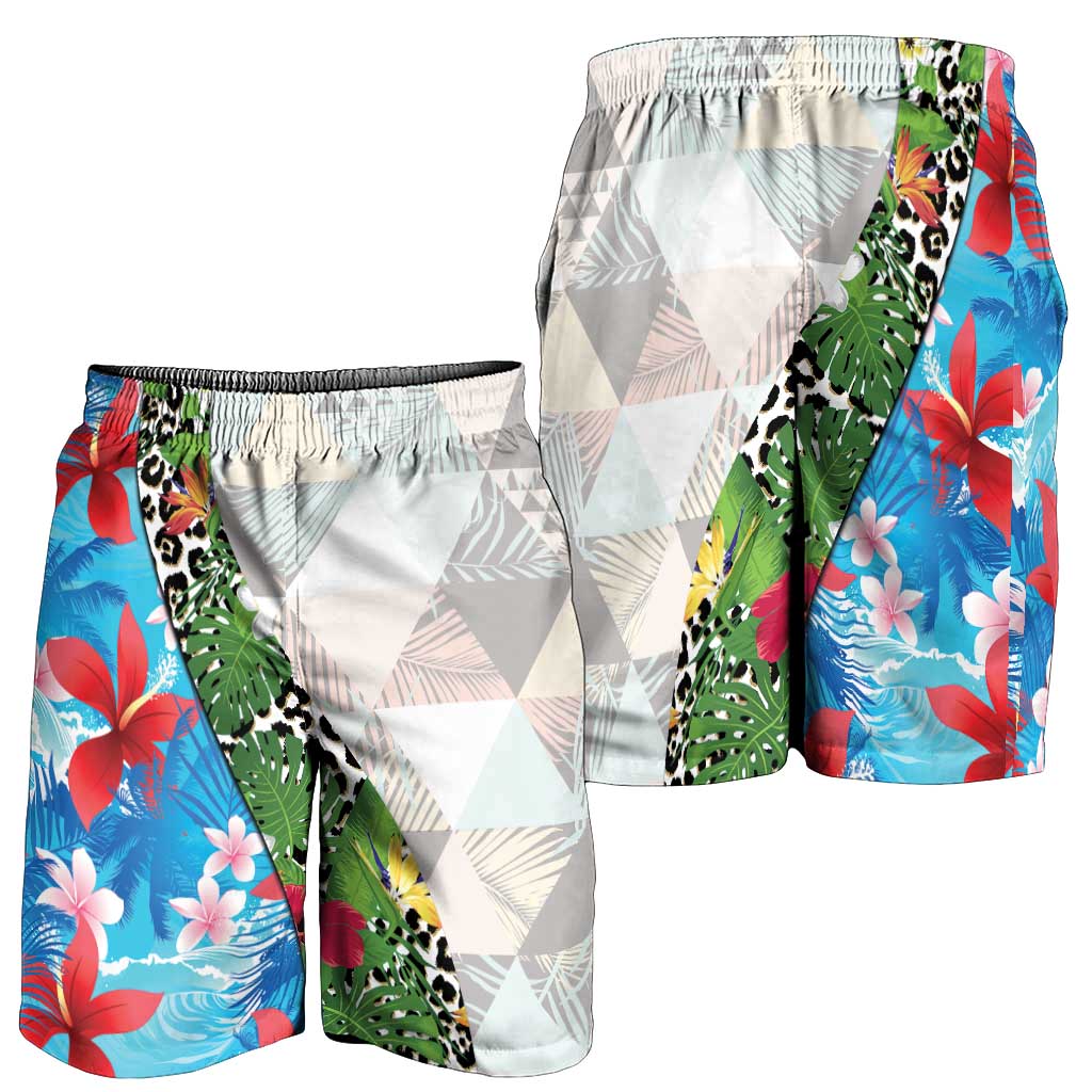 Hawaiian Tropical Flowers and Leaves Shorts for Men Leopard Pattern Half White Blue Version - Polynesian Pride
