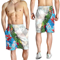 Hawaiian Tropical Flowers and Leaves Shorts for Men Leopard Pattern Half White Blue Version - Polynesian Pride