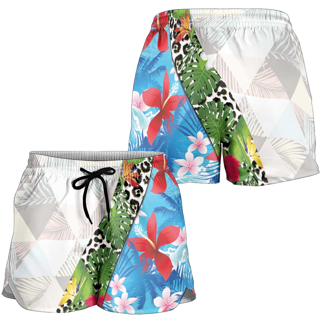 Hawaiian Tropical Flowers and Leaves Shorts for Women Leopard Pattern Half White Blue Version - Polynesian Pride