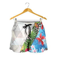 Hawaiian Tropical Flowers and Leaves Shorts for Women Leopard Pattern Half White Blue Version - Polynesian Pride