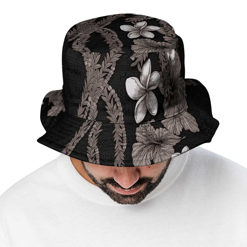 Hawaiian Tropical Flowers and Maile Pikake Bucket Hat Polynesian Tribal Pattern Grayscale Mode LT03