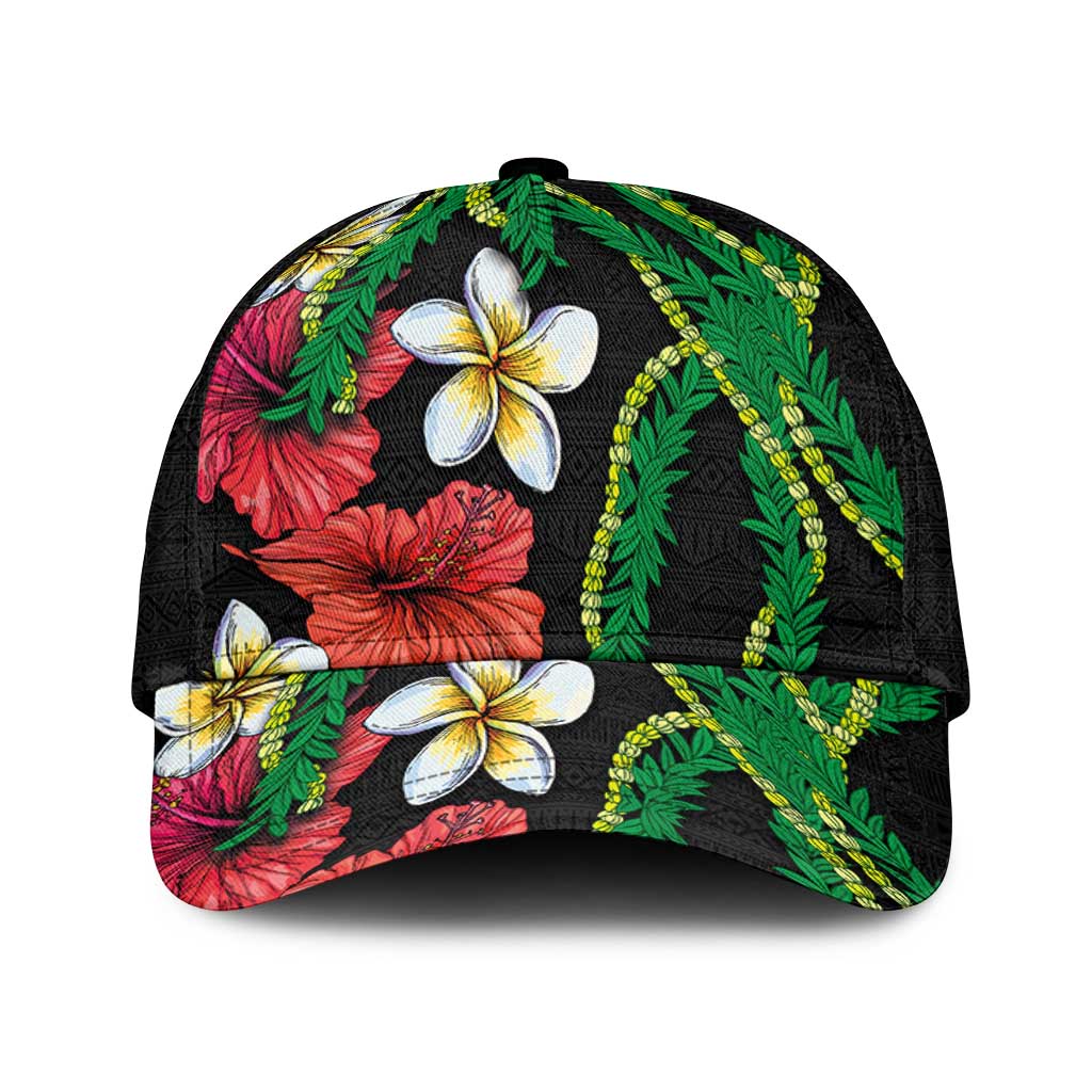 Hawaiian Tropical Flowers and Maile Pikake Classic Cap Polynesian Tribal Pattern Black Color LT03