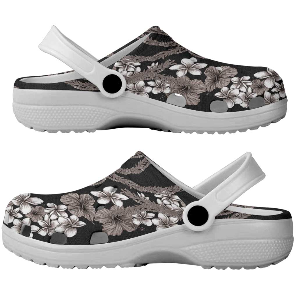 Hawaiian Tropical Flowers and Maile Pikake Clogs Shoes Polynesian Tribal Pattern Grayscale Mode