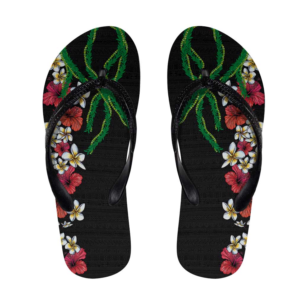 Hawaiian Tropical Flowers and Maile Pikake Flip Flops Polynesian Tribal Pattern Black Color