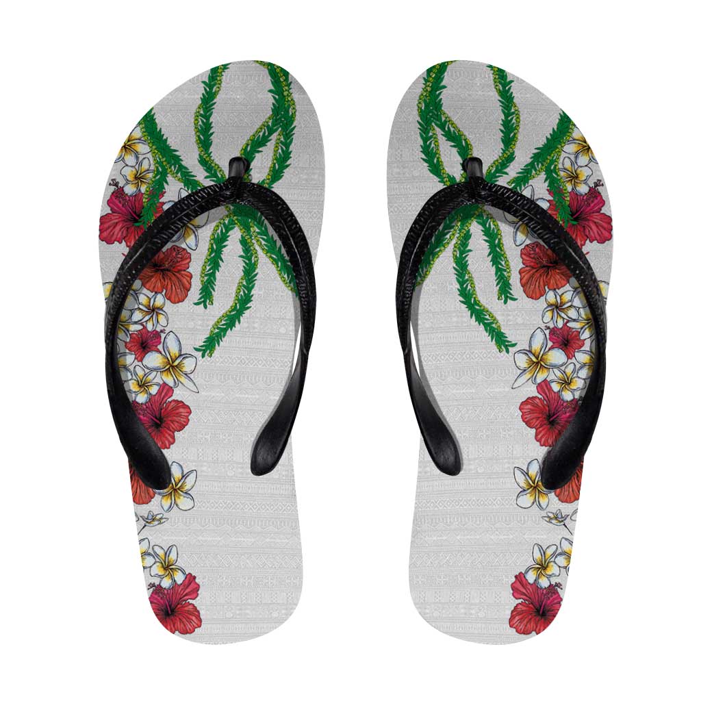 Hawaiian Tropical Flowers and Maile Pikake Flip Flops Polynesian Tribal Pattern White Color