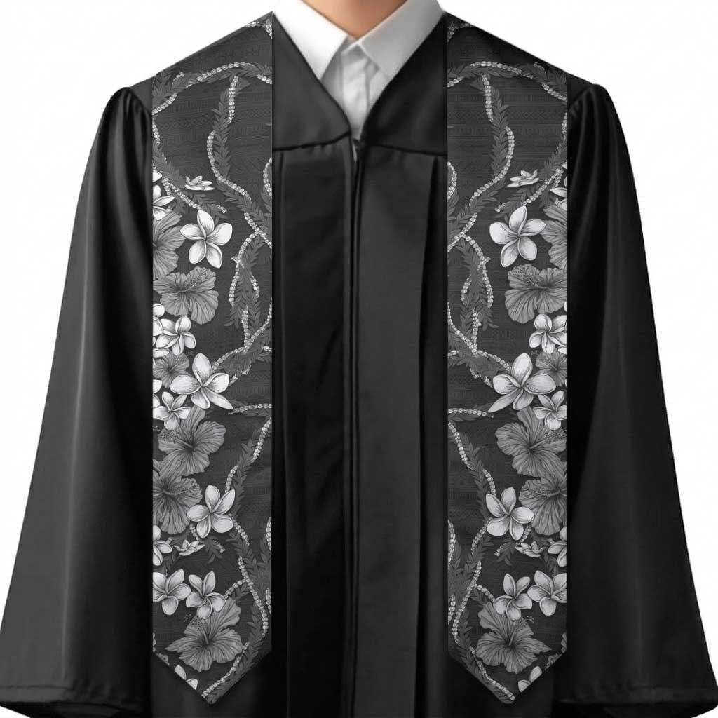 Hawaiian Tropical Flowers and Maile Pikake Graduation Stole Polynesian Tribal Pattern Grayscale Mode