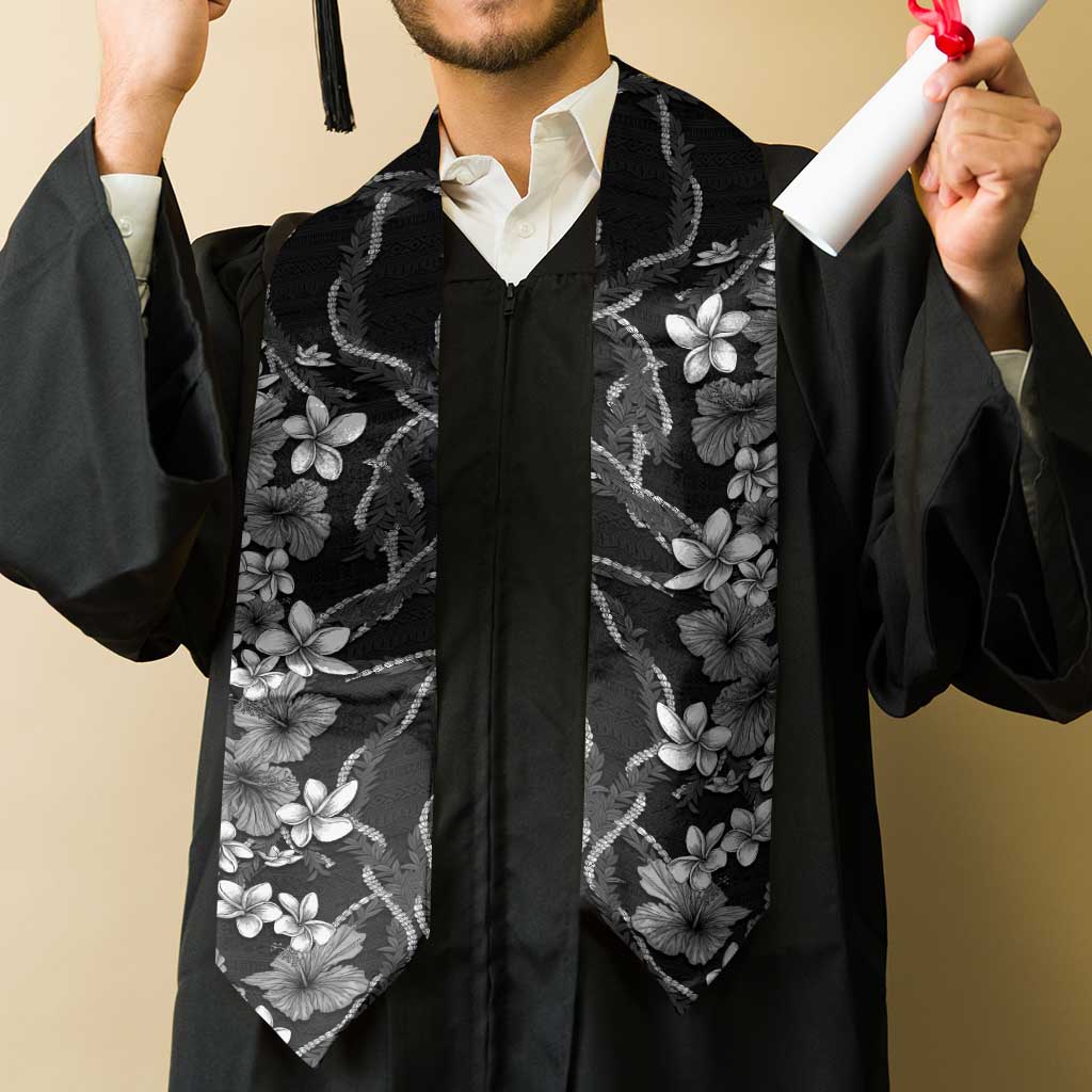 Hawaiian Tropical Flowers and Maile Pikake Graduation Stole Polynesian Tribal Pattern Grayscale Mode