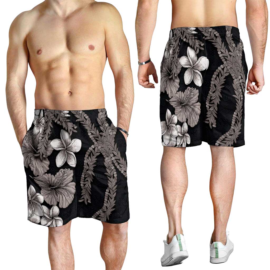 Hawaiian Tropical Flowers and Maile Pikake Shorts for Men Polynesian Tribal Pattern Grayscale Mode - Polynesian Pride