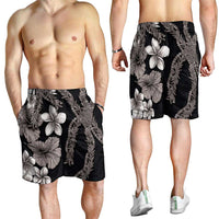 Hawaiian Tropical Flowers and Maile Pikake Shorts for Men Polynesian Tribal Pattern Grayscale Mode - Polynesian Pride