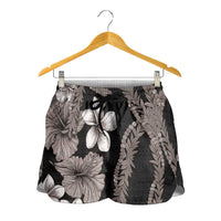 Hawaiian Tropical Flowers and Maile Pikake Shorts for Women Polynesian Tribal Pattern Grayscale Mode - Polynesian Pride