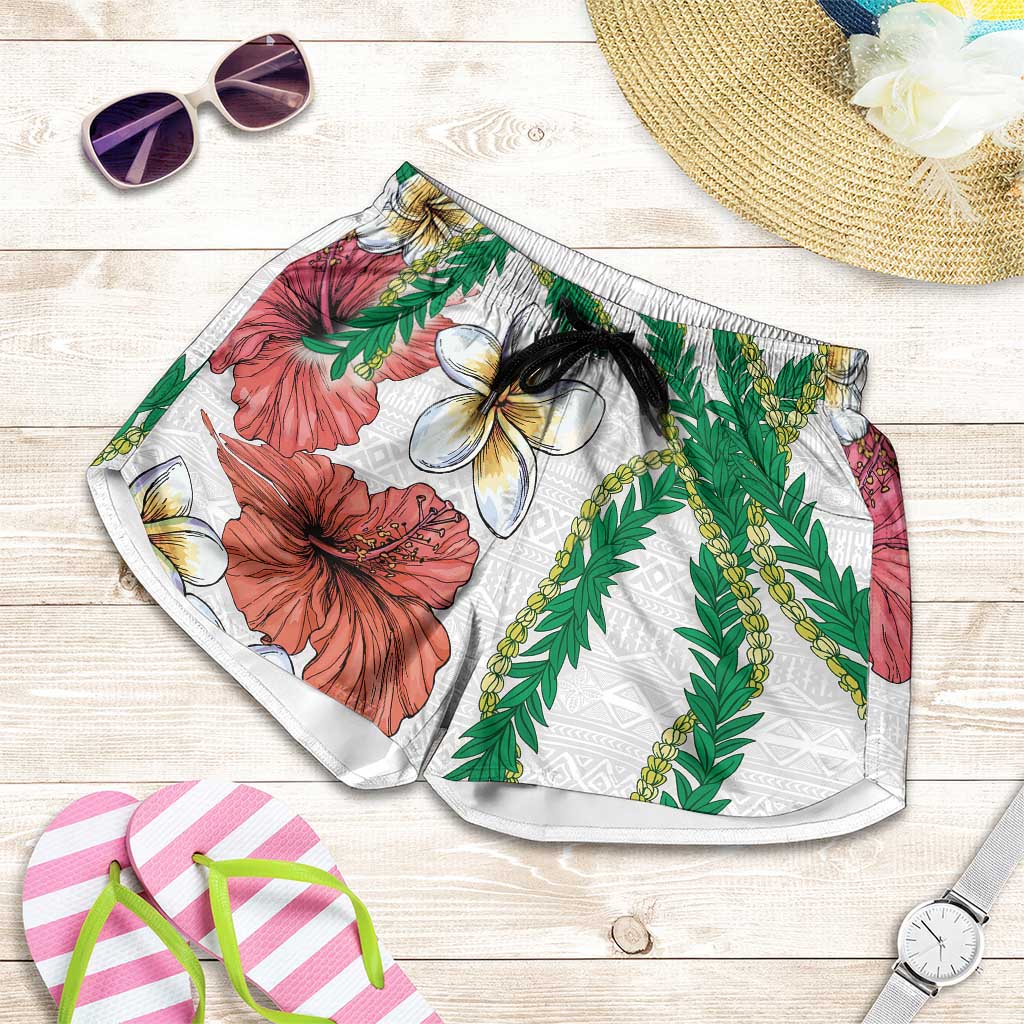 Hawaiian Tropical Flowers and Maile Pikake Shorts for Women Polynesian Tribal Pattern White Color - Polynesian Pride