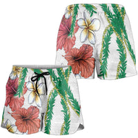 Hawaiian Tropical Flowers and Maile Pikake Shorts for Women Polynesian Tribal Pattern White Color - Polynesian Pride