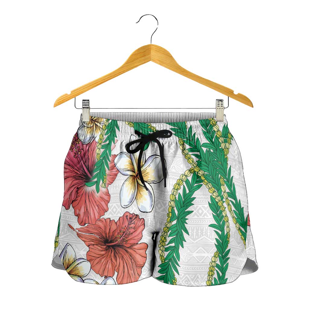 Hawaiian Tropical Flowers and Maile Pikake Shorts for Women Polynesian Tribal Pattern White Color - Polynesian Pride