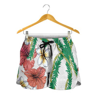 Hawaiian Tropical Flowers and Maile Pikake Shorts for Women Polynesian Tribal Pattern White Color - Polynesian Pride