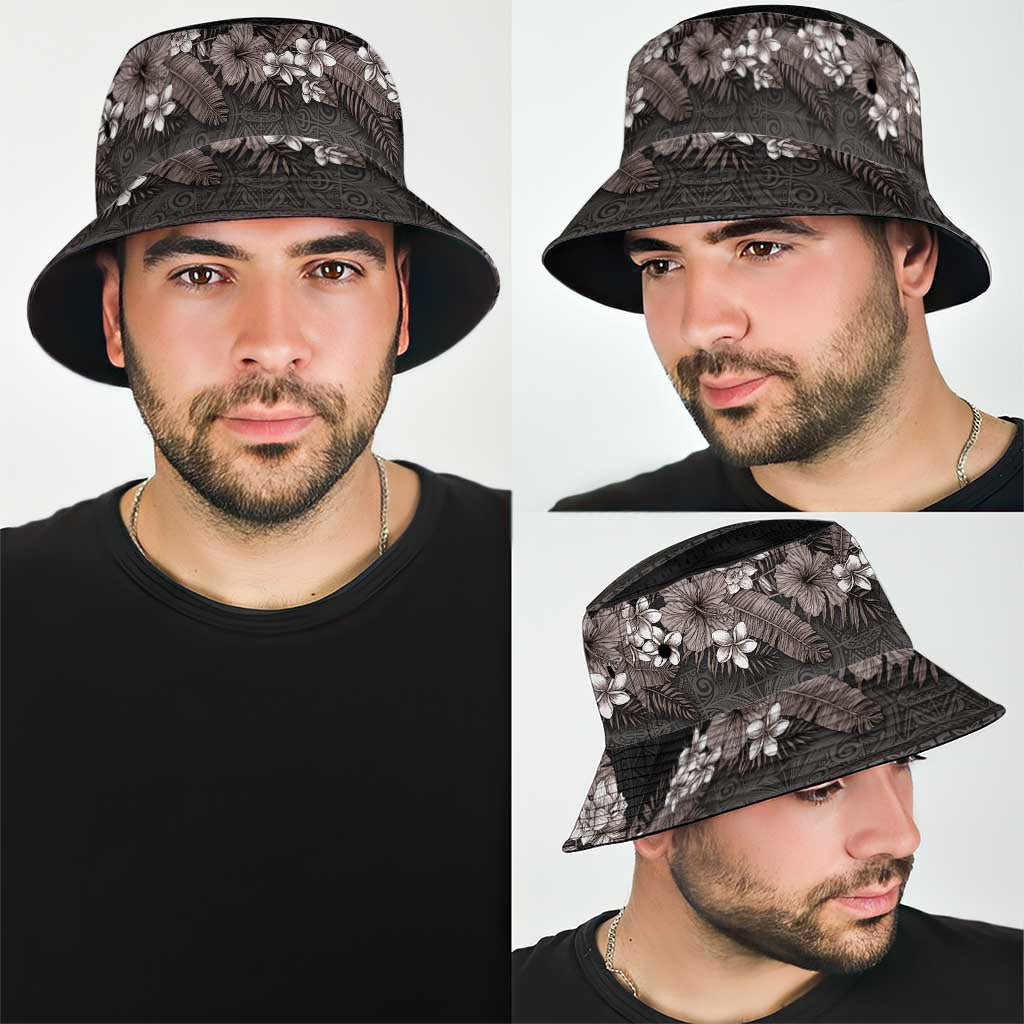 Hawaiian Tropical Flowers and Tribal Polynesian Tattoo Bucket Hat Grayscale Mode LT03