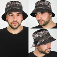Hawaiian Tropical Flowers and Tribal Polynesian Tattoo Bucket Hat Grayscale Mode LT03
