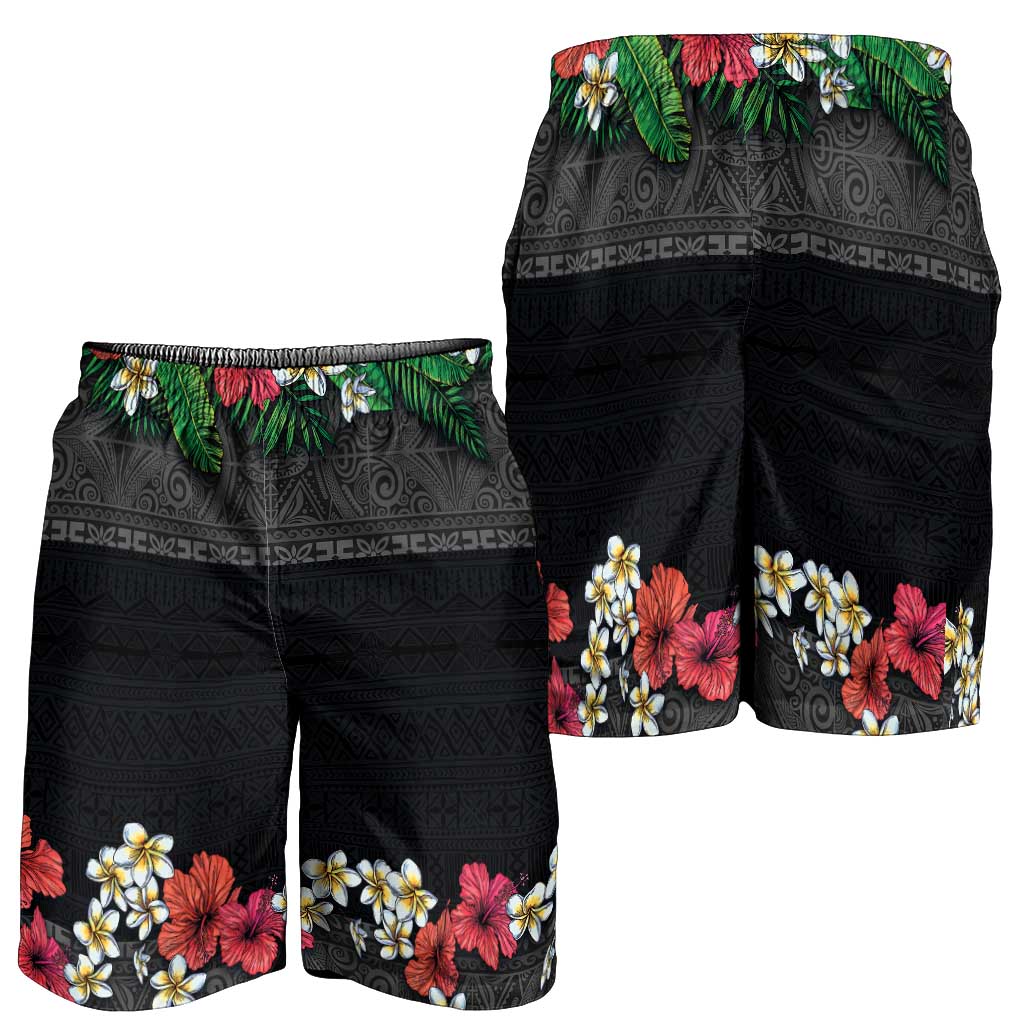 Hawaiian Tropical Flowers and Tribal Polynesian Tattoo Shorts for Men Black Color - Polynesian Pride