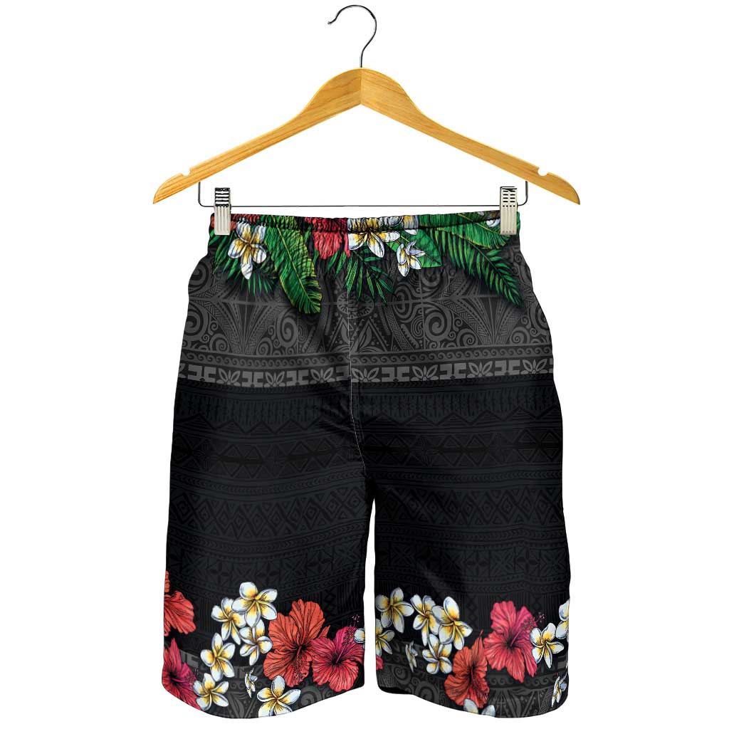 Hawaiian Tropical Flowers and Tribal Polynesian Tattoo Shorts for Men Black Color - Polynesian Pride