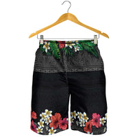 Hawaiian Tropical Flowers and Tribal Polynesian Tattoo Shorts for Men Black Color - Polynesian Pride