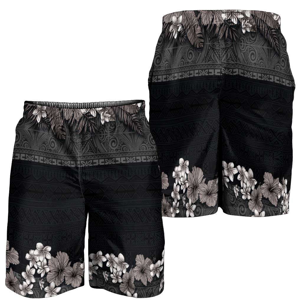 Hawaiian Tropical Flowers and Tribal Polynesian Tattoo Shorts for Men Grayscale Mode - Polynesian Pride