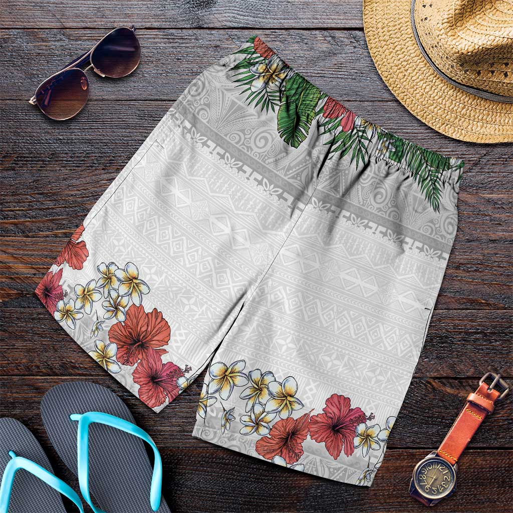 Hawaiian Tropical Flowers and Tribal Polynesian Tattoo Shorts for Men White Color - Polynesian Pride