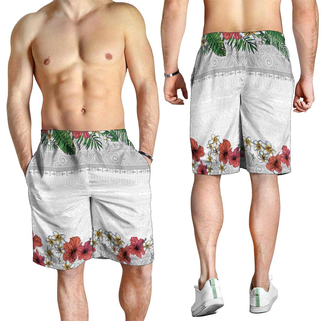 Hawaiian Tropical Flowers and Tribal Polynesian Tattoo Shorts for Men White Color - Polynesian Pride