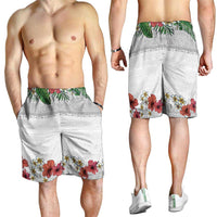 Hawaiian Tropical Flowers and Tribal Polynesian Tattoo Shorts for Men White Color - Polynesian Pride