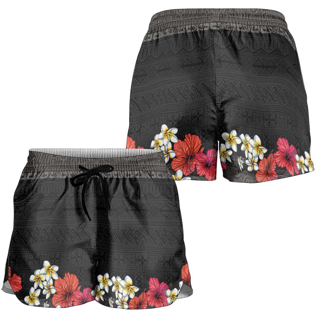 Hawaiian Tropical Flowers and Tribal Polynesian Tattoo Shorts for Women Black Color - Polynesian Pride