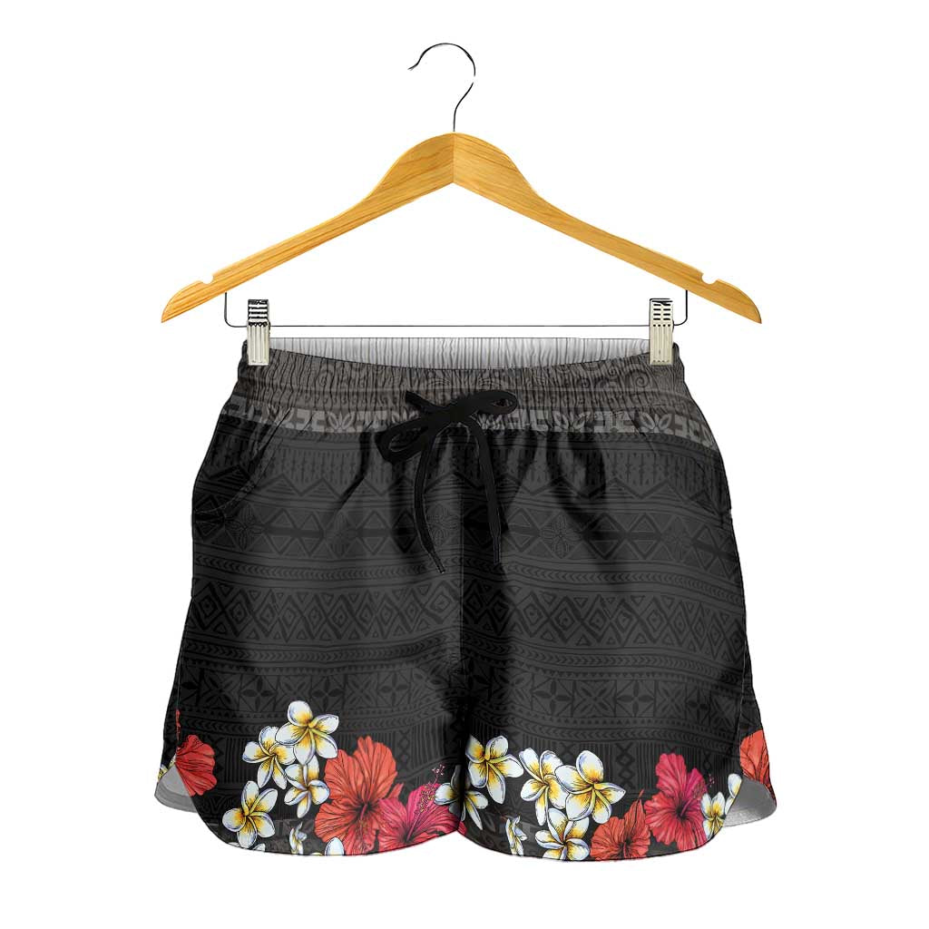 Hawaiian Tropical Flowers and Tribal Polynesian Tattoo Shorts for Women Black Color - Polynesian Pride