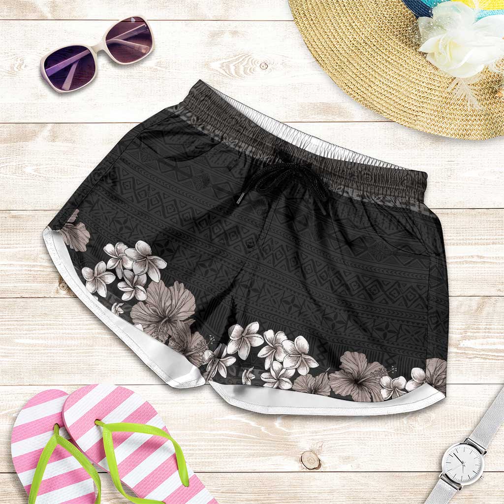 Hawaiian Tropical Flowers and Tribal Polynesian Tattoo Shorts for Women Grayscale Mode - Polynesian Pride