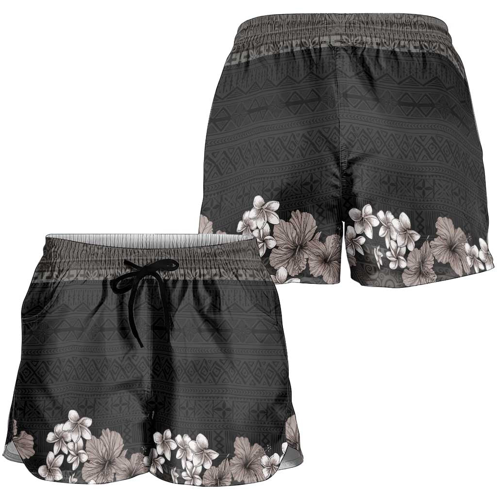 Hawaiian Tropical Flowers and Tribal Polynesian Tattoo Shorts for Women Grayscale Mode - Polynesian Pride