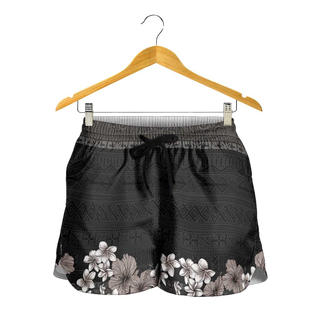 Hawaiian Tropical Flowers and Tribal Polynesian Tattoo Shorts for Women Grayscale Mode - Polynesian Pride