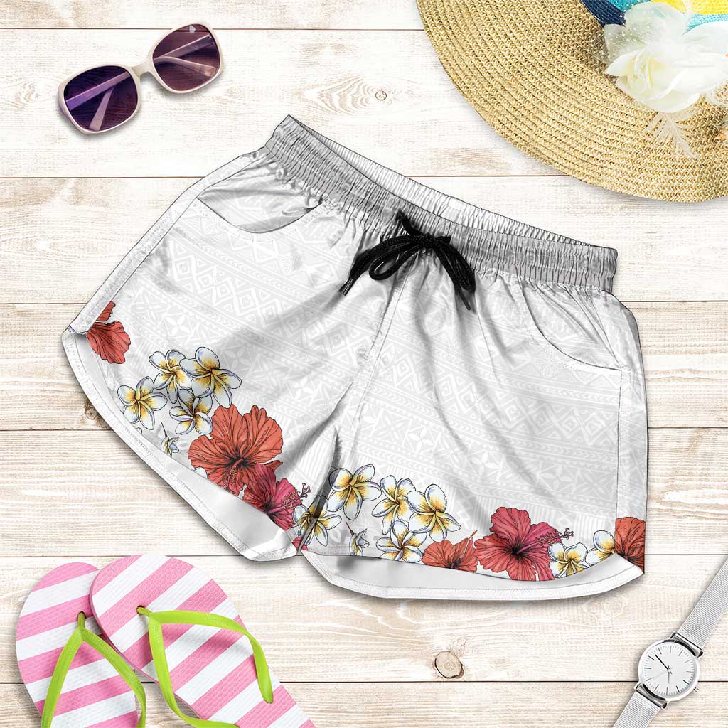 Hawaiian Tropical Flowers and Tribal Polynesian Tattoo Shorts for Women White Color - Polynesian Pride