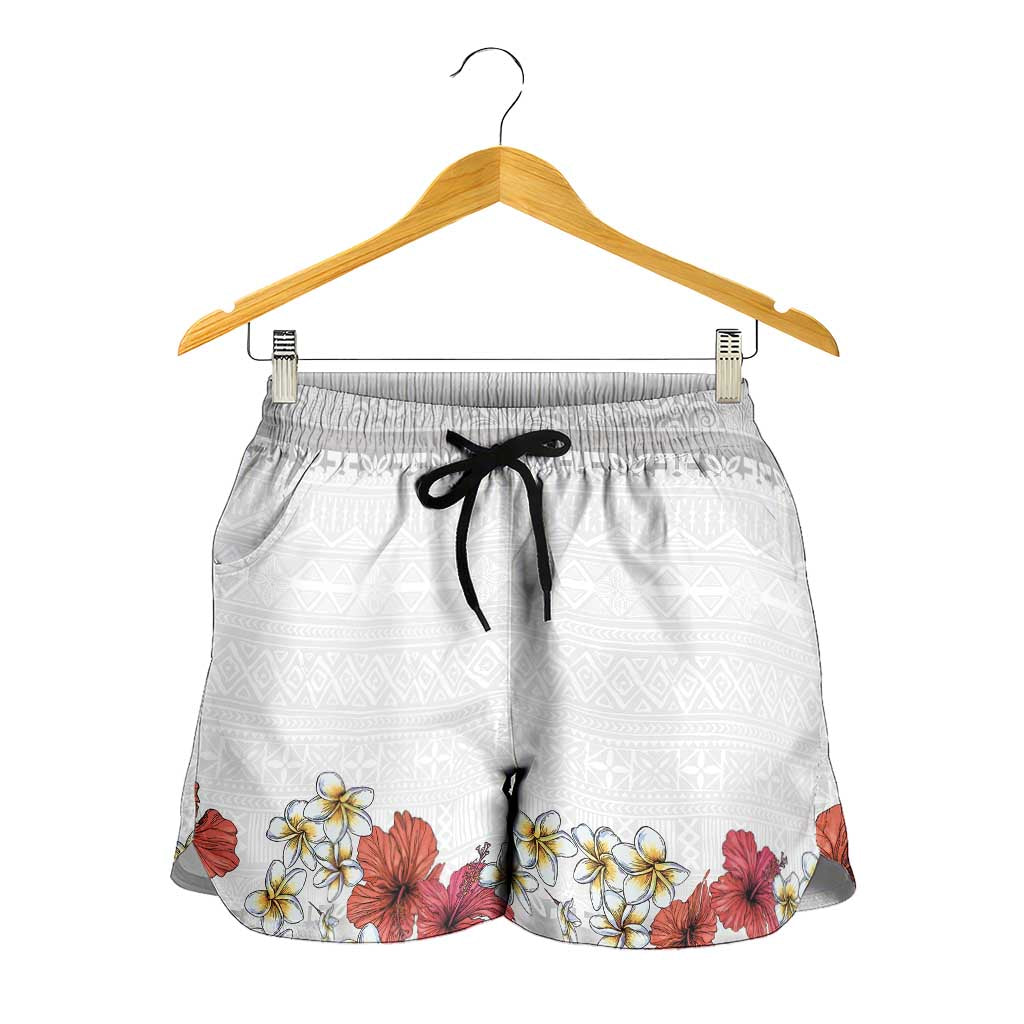 Hawaiian Tropical Flowers and Tribal Polynesian Tattoo Shorts for Women White Color - Polynesian Pride