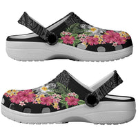 Hawaiian Tropical Flowers and Tribal Turtles Clogs Shoes Polynesian Art Motifs Black Color - Polynesian Pride