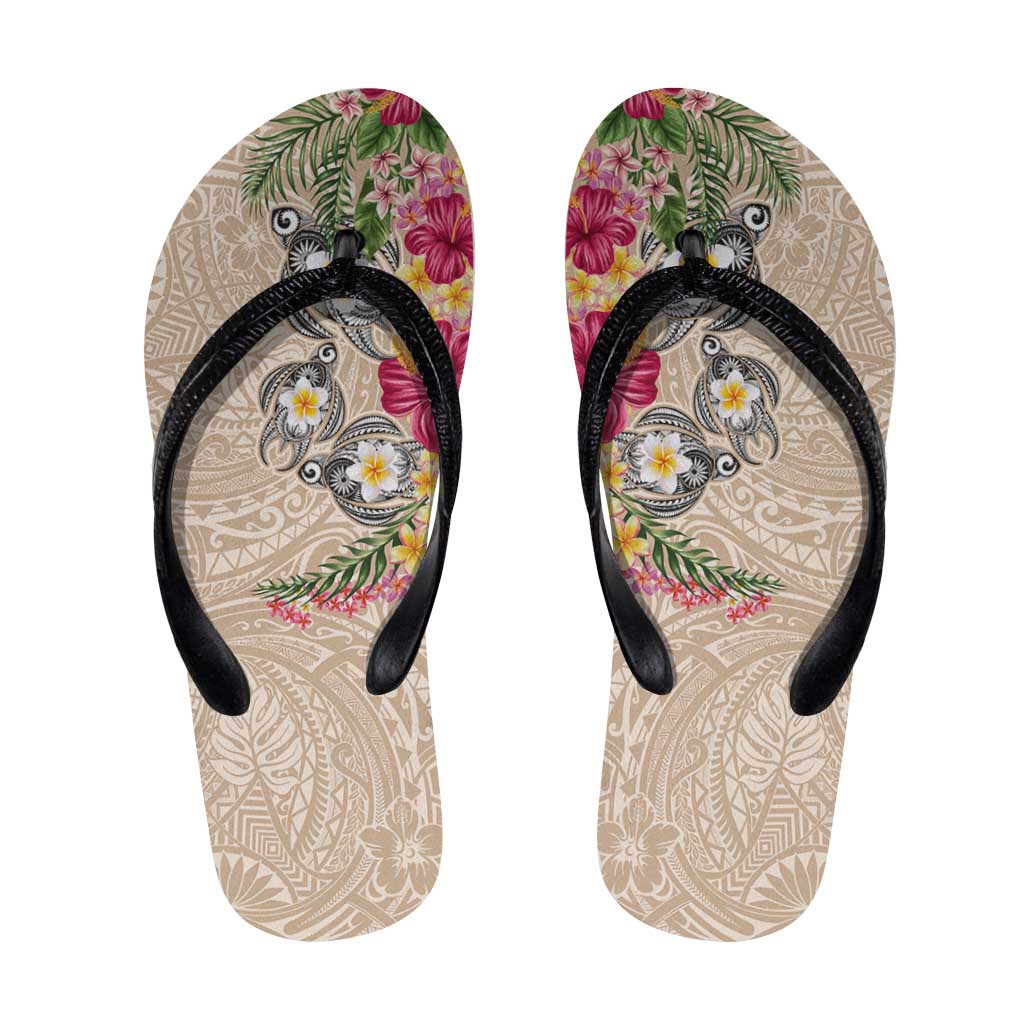 Hawaiian Tropical Flowers and Tribal Turtles Flip Flops Polynesian Art Motifs Beige Color - Polynesian Pride