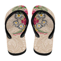Hawaiian Tropical Flowers and Tribal Turtles Flip Flops Polynesian Art Motifs Beige Color - Polynesian Pride