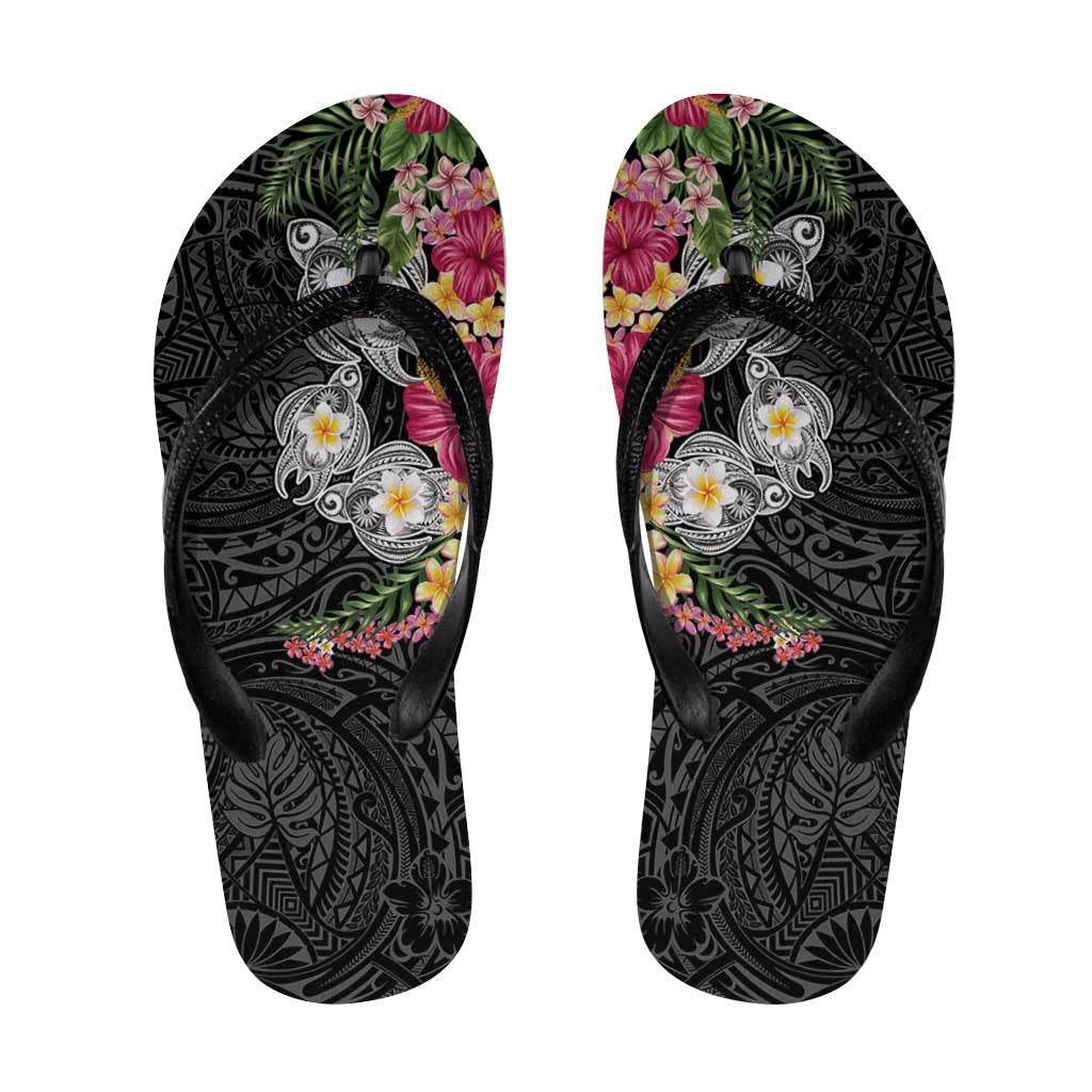 Hawaiian Tropical Flowers and Tribal Turtles Flip Flops Polynesian Art Motifs Black Color LT03 Black - Polynesian Pride
