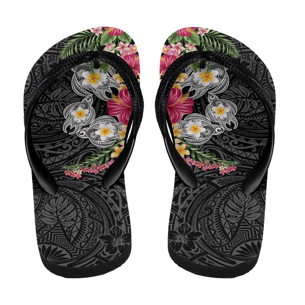 Hawaiian Tropical Flowers and Tribal Turtles Flip Flops Polynesian Art Motifs Black Color - Polynesian Pride