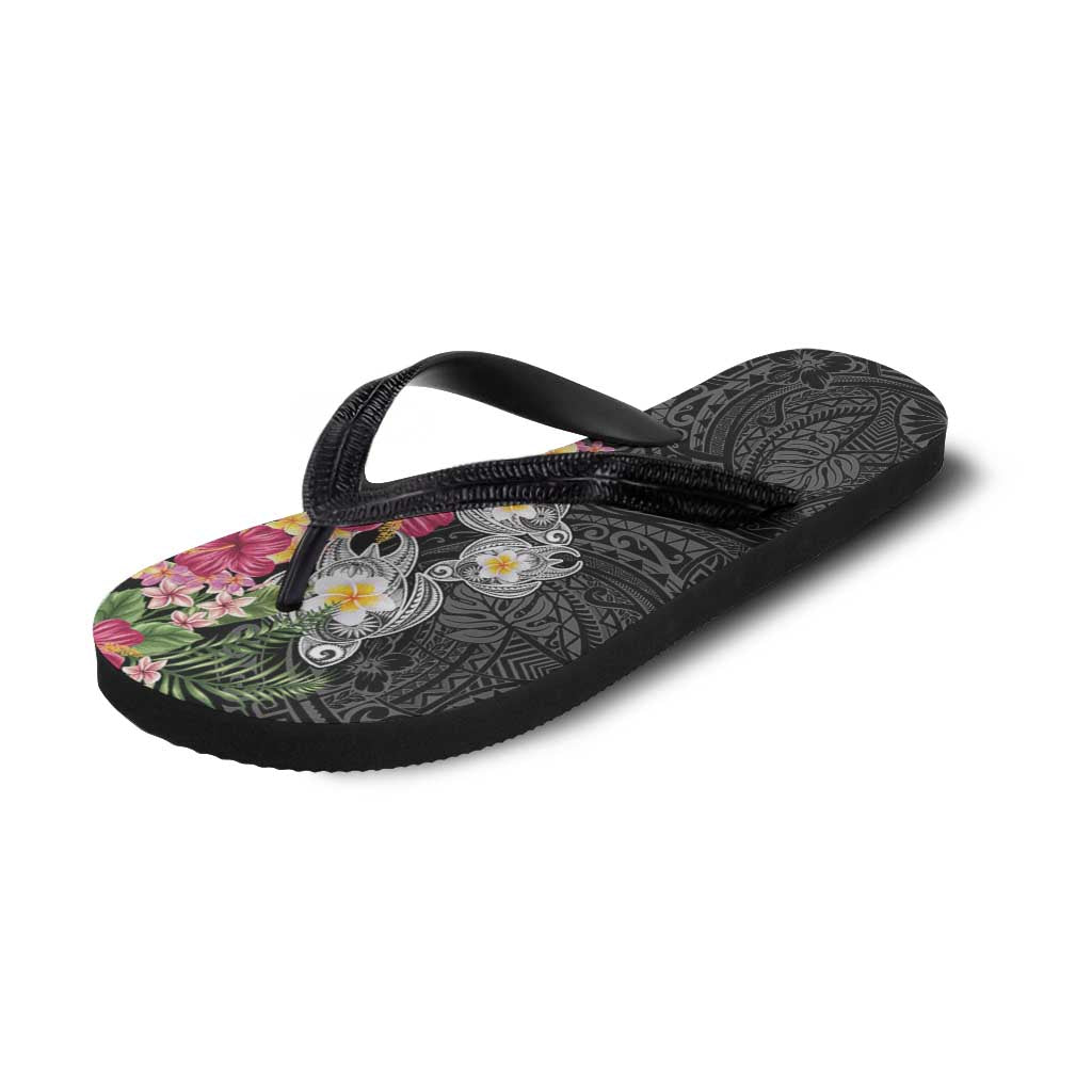 Hawaiian Tropical Flowers and Tribal Turtles Flip Flops Polynesian Art Motifs Black Color - Polynesian Pride