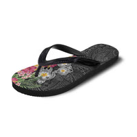 Hawaiian Tropical Flowers and Tribal Turtles Flip Flops Polynesian Art Motifs Black Color - Polynesian Pride