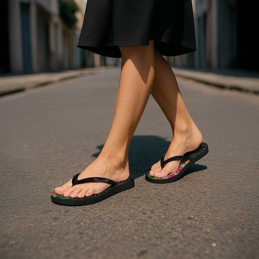 Hawaiian Tropical Flowers and Tribal Turtles Flip Flops Polynesian Art Motifs Black Color - Polynesian Pride