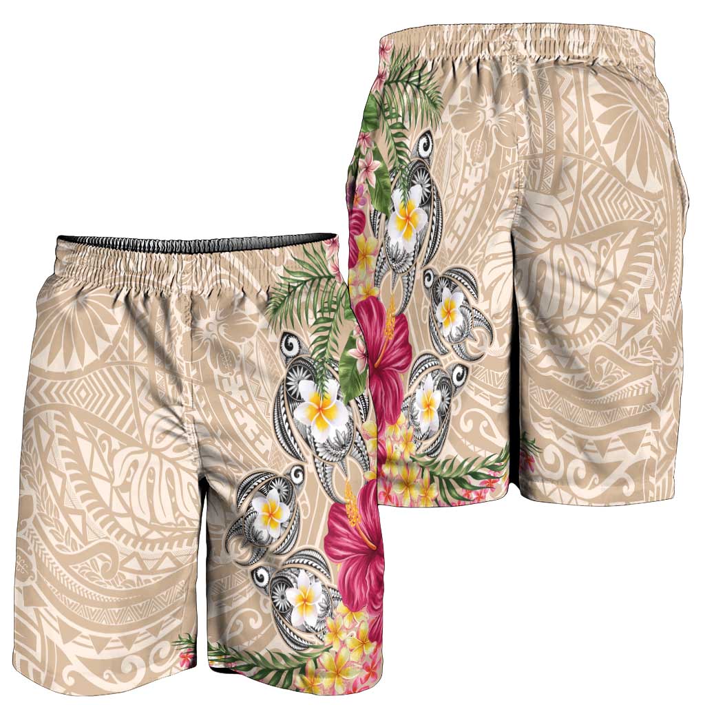 Hawaiian Tropical Flowers and Tribal Turtles Shorts for Men Polynesian Art Motifs Beige Color - Polynesian Pride